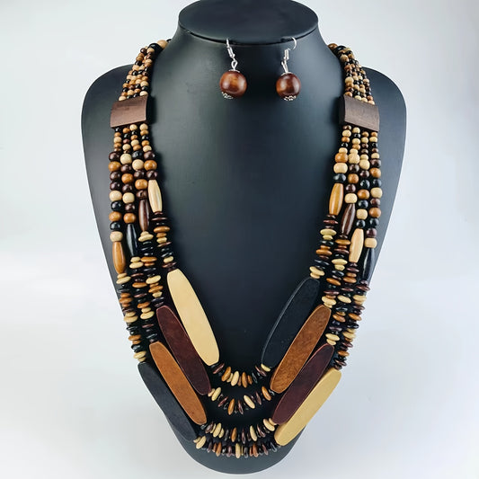 1 Pair Of Earrings + 1 Necklace Boho Style Jewelry Set Made Of Wooden Beads Match Daily Outfits Party Accessories Link To The Nature In This Way