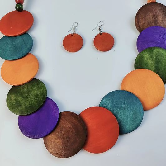1 Pair Of Earrings + 1 Necklace Boho Style Jewelry Set Made Of Wooden Plates Match Daily Outfits Party Accessories Handmade Jewelry